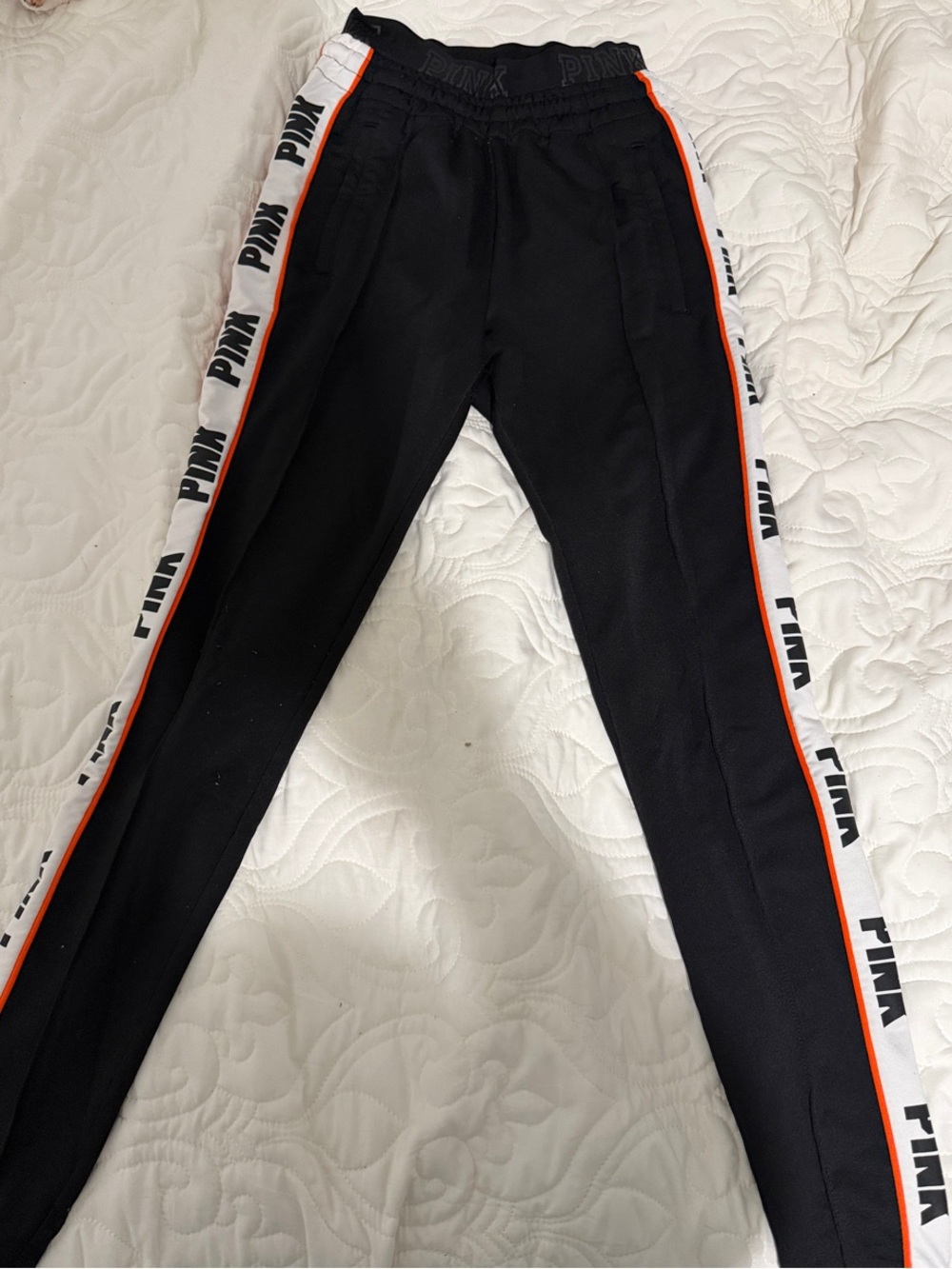 PINK Victoria's Secret Black Joggers with White & Orange Side Tape